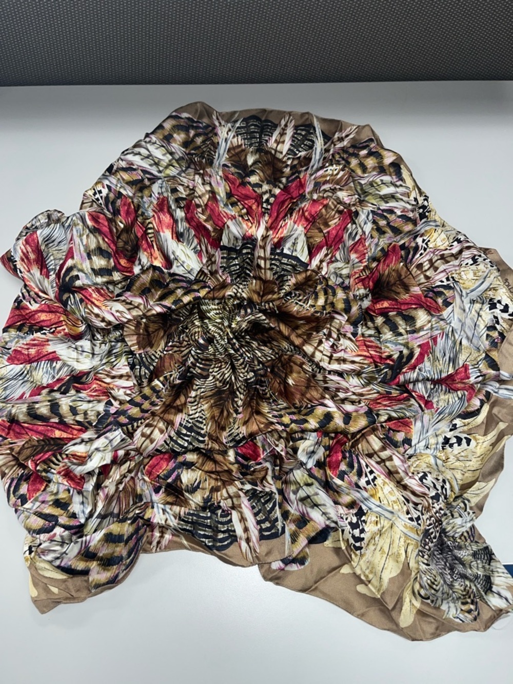 Echo Feather Motif Scarf in Beige, Brown & Red Tones NWT